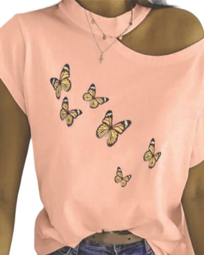 Γυναικεία μπλούζα με έξω τον ένα ώμο και τύπωμα μικρές πεταλούδες