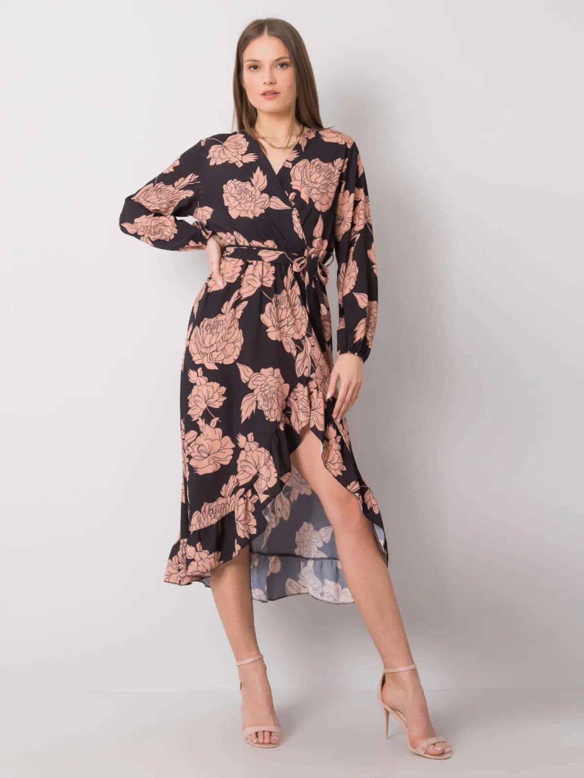 Μαύρο midi τυπωμένο κρουαζέ φόρεμα