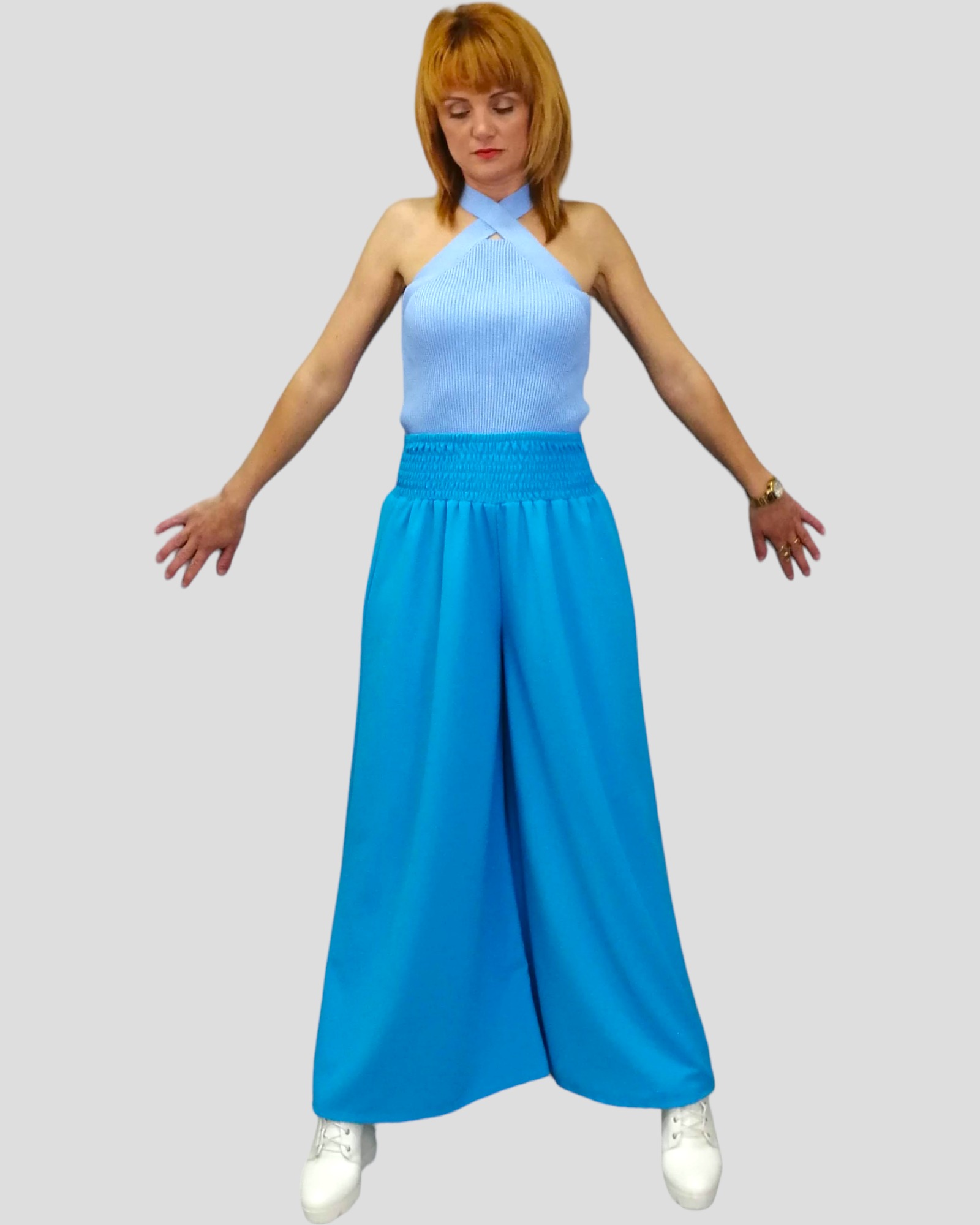 Παντελόνα με λάστιχο στη μέση σφηκοφωλιά Turquoise