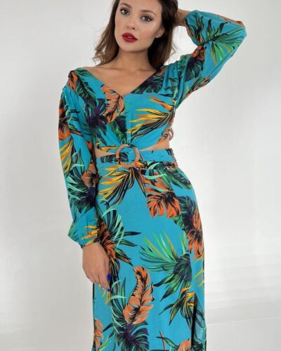 Εντυπωσιακό μακρύ φόρεμα εμπριμέ flower print με ανοίγματα στην μέση