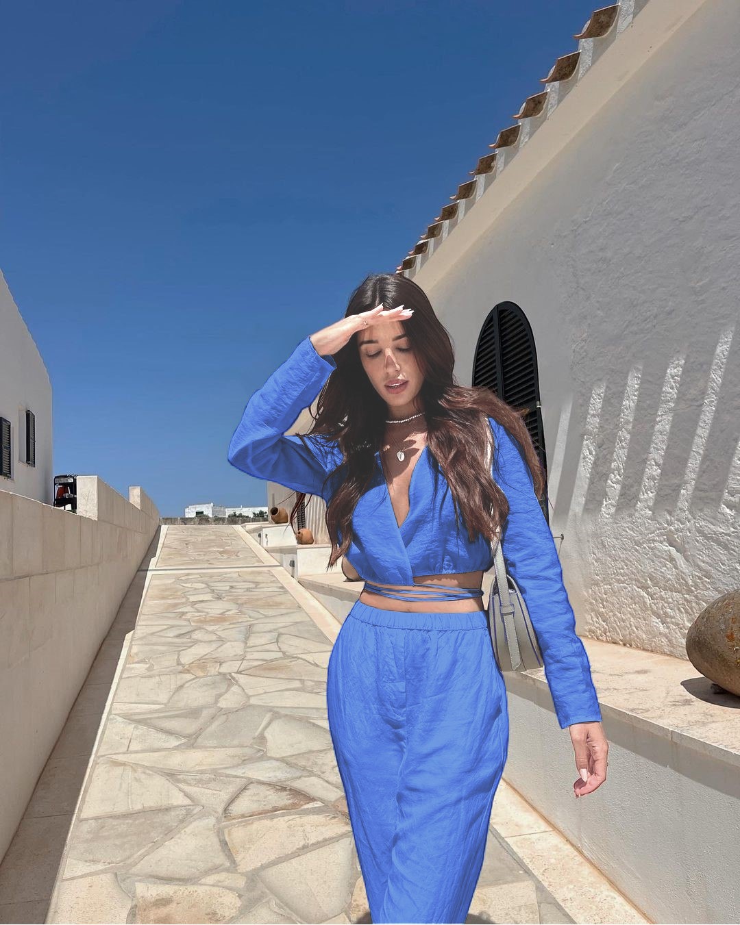 γυναικείο σετ παντελόνι και μπολερο τοπ σε σιελ μπλε χρώμα