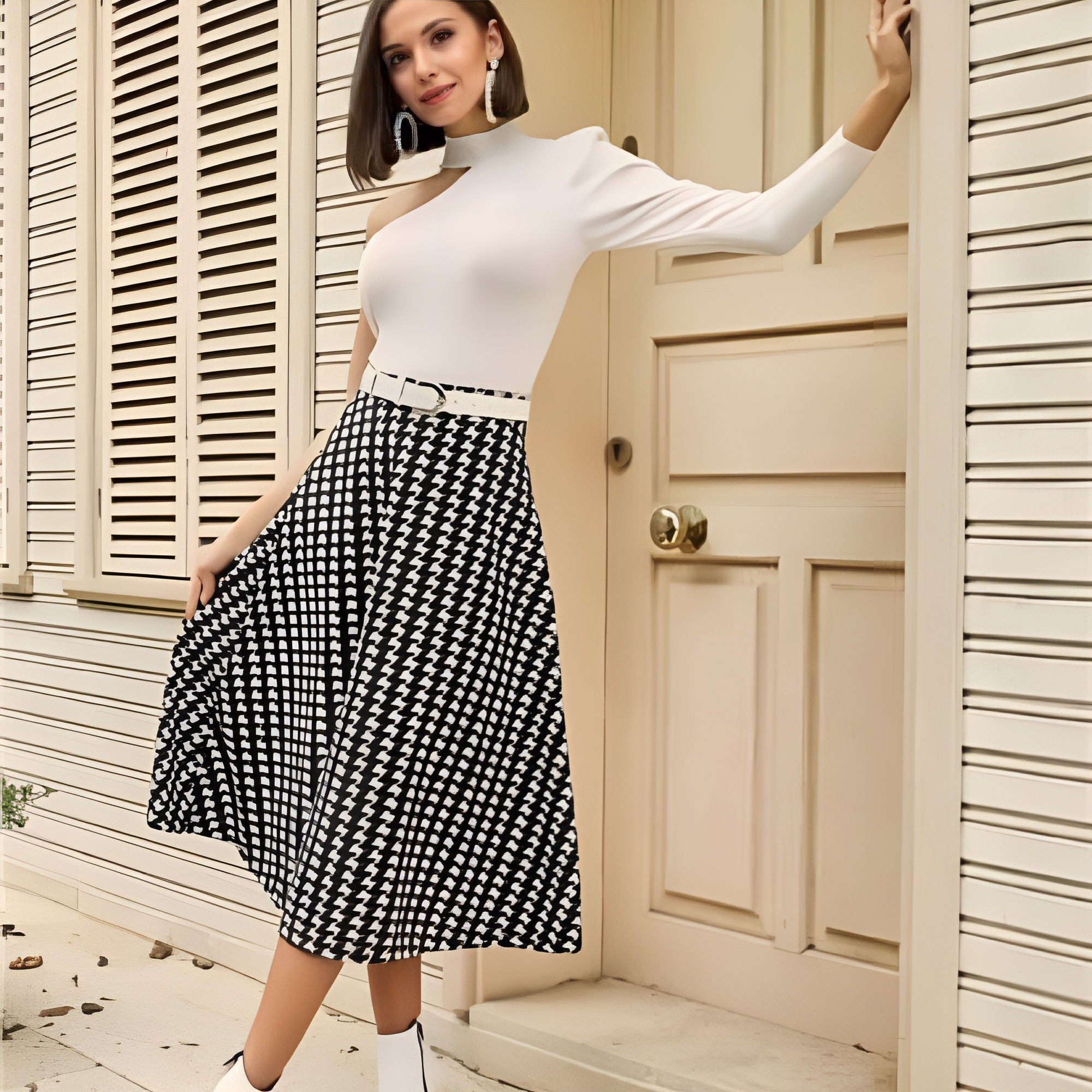 Γυναικεία μακριά φούστα μαύρη velvet με τύπωμα pie de poule με λάστιχο στη μέση