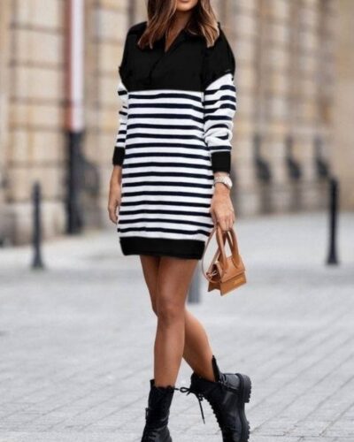 Γυναικείο ζεστό πλεκτό μπλούζα φόρεμα με γιακαδάκι Σε χρώμα μαύρο και λεπτές λευκές ρίγες