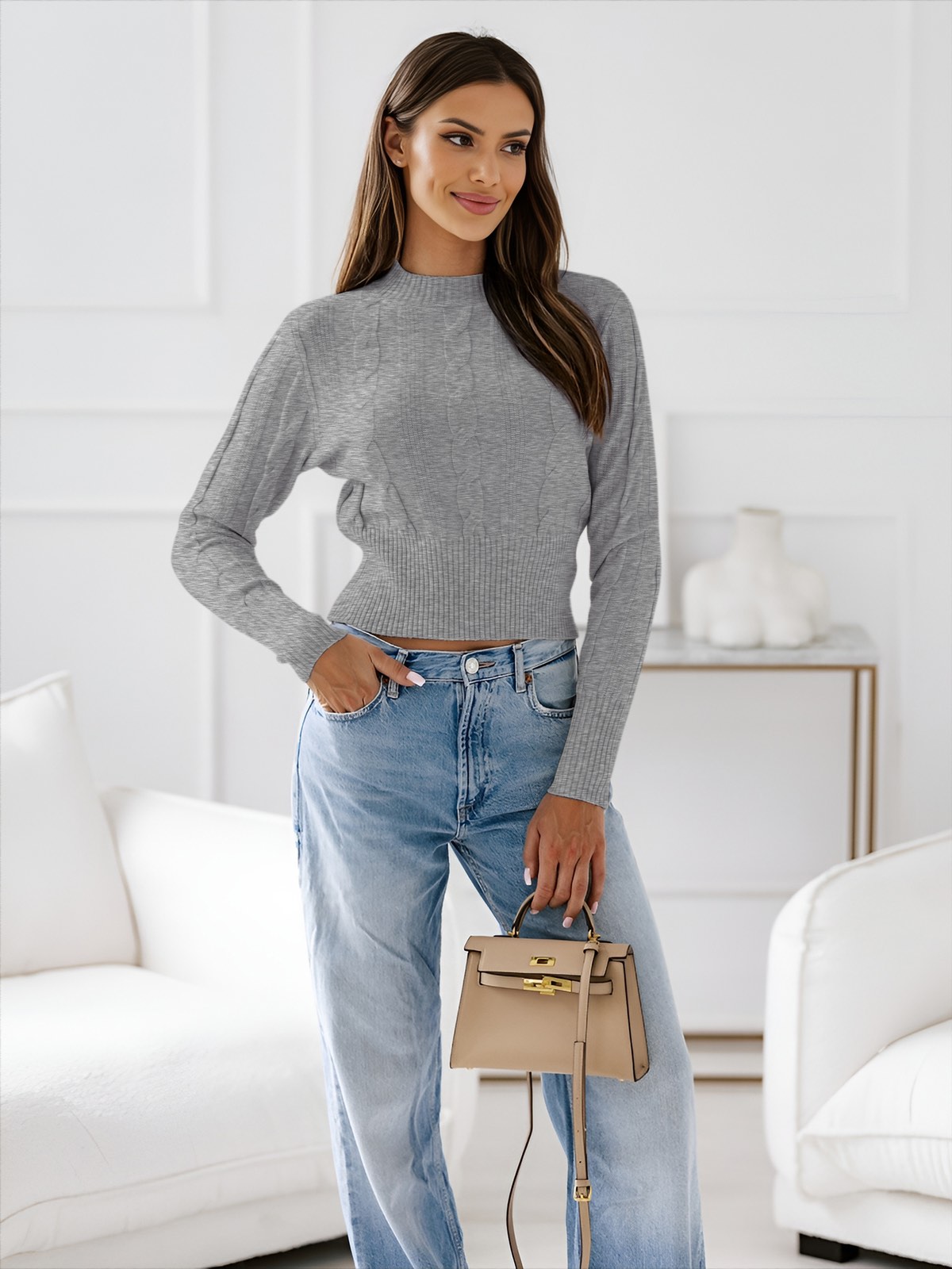 Γυναικείο πλεκτό κοντό πουλόβερ με πλέξη λαχούρ λάστιχο σε χρώμα γκρι