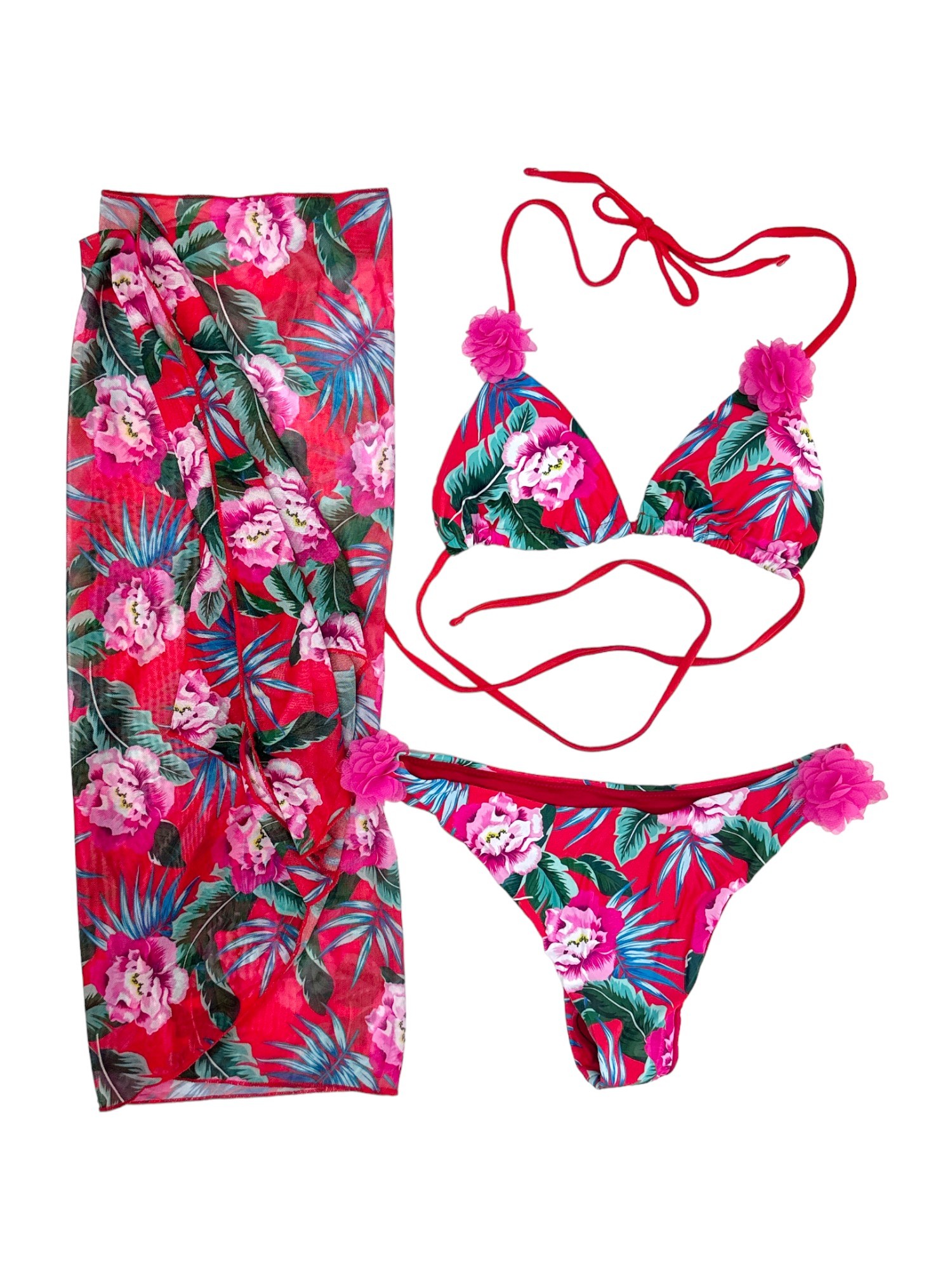 Bikini με παρεό και λουλουδάκια  3d Πολύχρωμο floral - λουλουδένιο τύπωμα Μπούστο τριγωνάκι με αποσπώμενη ενίσχυση που δένει γύρω από τον λαιμό και στην πλάτη για τέλεια εφαρμογή. Και στα δύο έχει ροζ λουλούδια