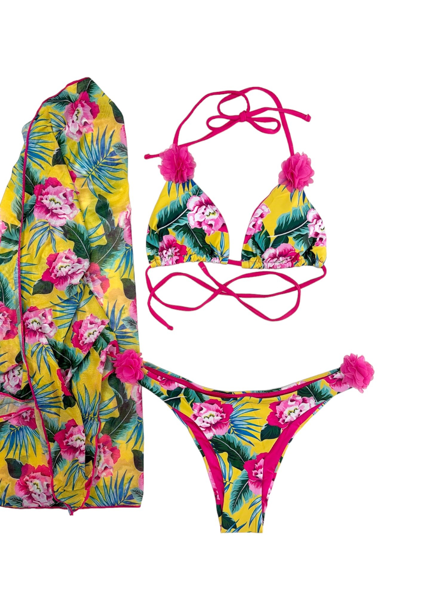 Bikini με παρεό και λουλουδάκια  3d Πολύχρωμο floral - λουλουδένιο τύπωμα Μπούστο τριγωνάκι με αποσπώμενη ενίσχυση που δένει γύρω από τον λαιμό και στην πλάτη για τέλεια εφαρμογή. Και στα δύο έχει ροζ λουλούδια