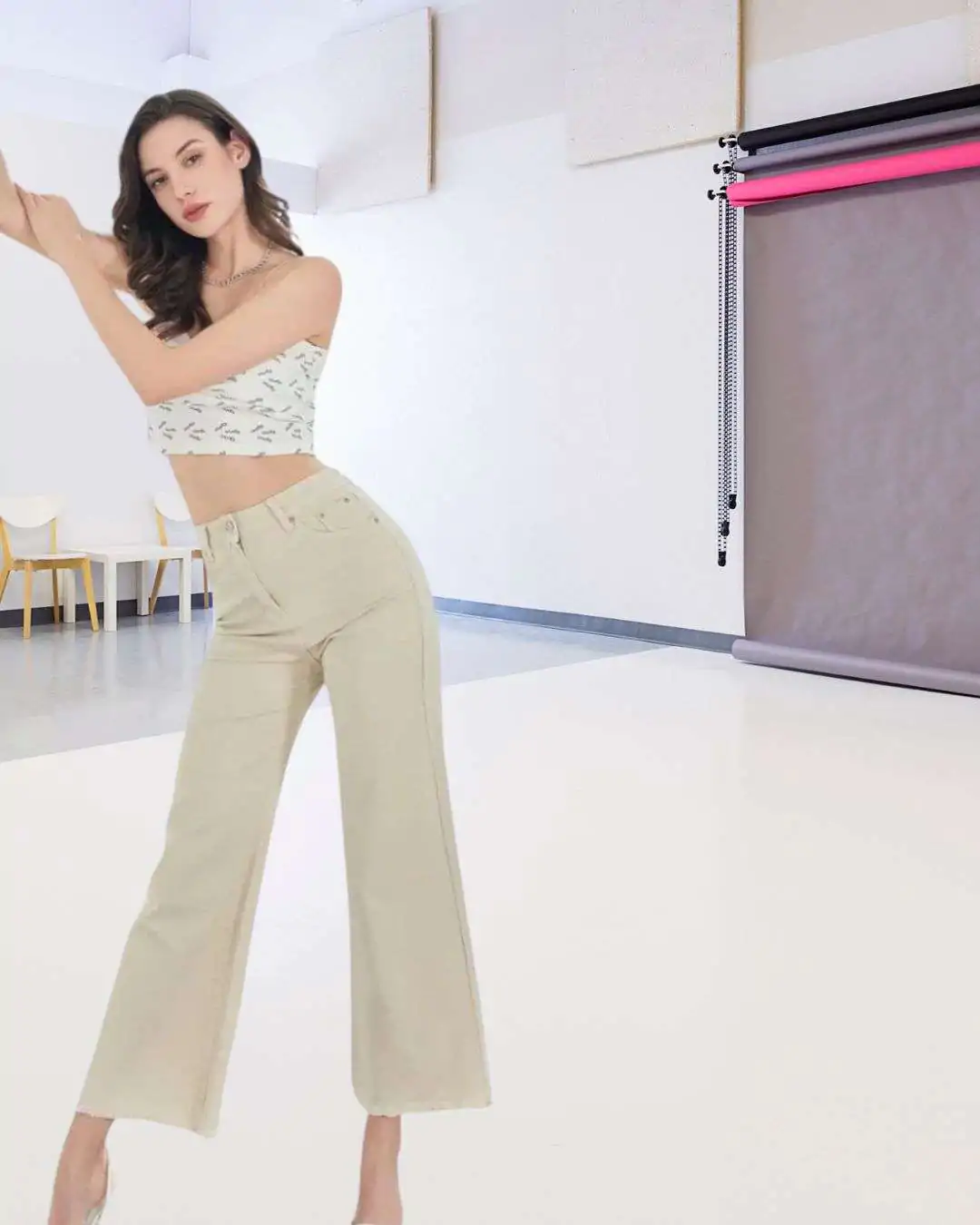 Μπεζ ψηλόμεσο τζιν wide leg