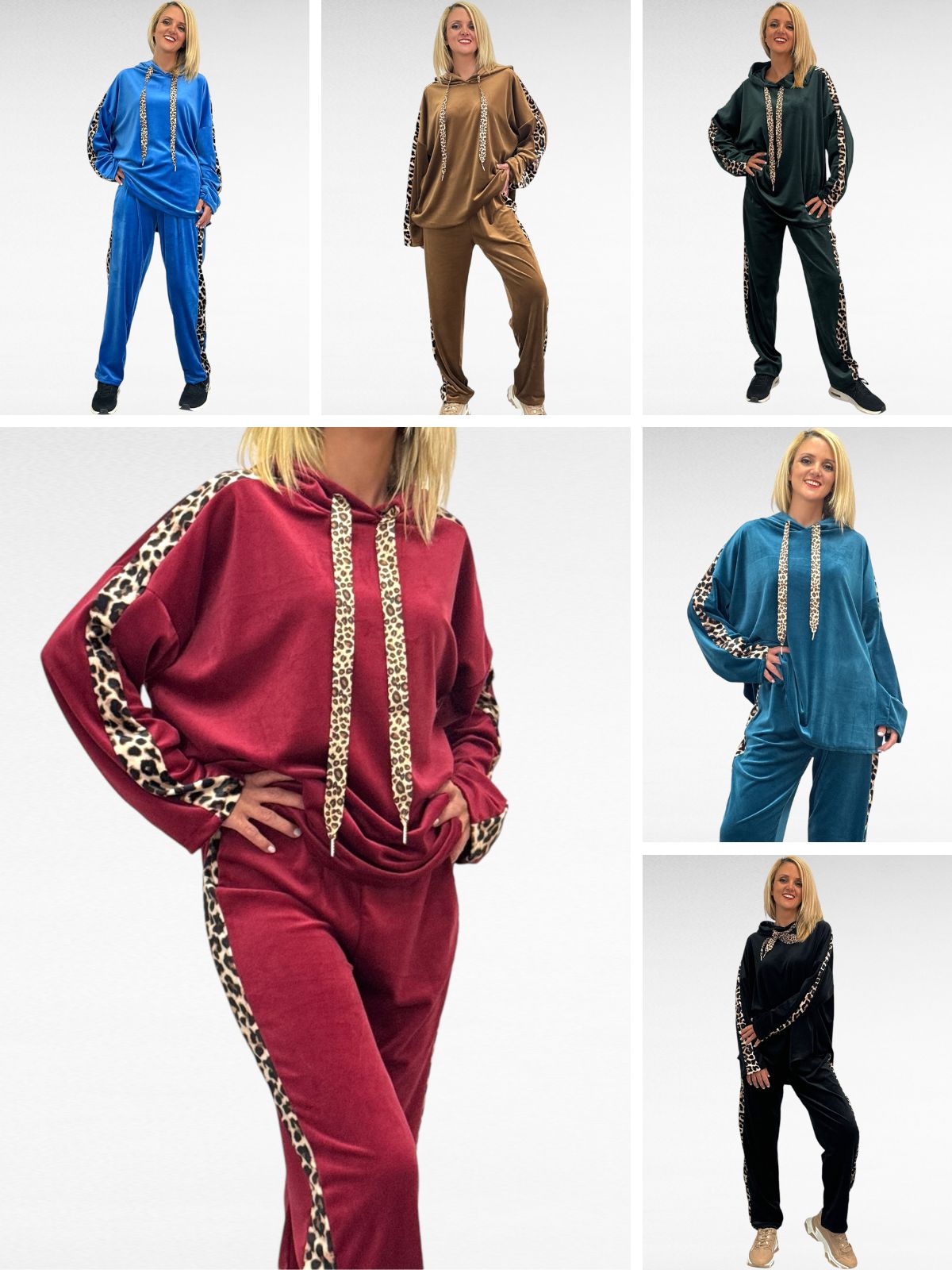 Βελουτέ σετ με animal print λεπτομέρειες στα πλαϊνά, προσφέροντας μοντέρνα εμφάνιση. Διαθέσιμη σε 6 χρώματα. Μαύρο - Ταμπά - Μπλε - Πετρόλ - Σμαραγδί - Μπορντό Η κουκούλα διαθέτει κορδονάκια, ενώ το παντελόνι σε ίσια γραμμή και λάστιχο στη μέση εξασφαλίζει άνετη εφαρμογή.