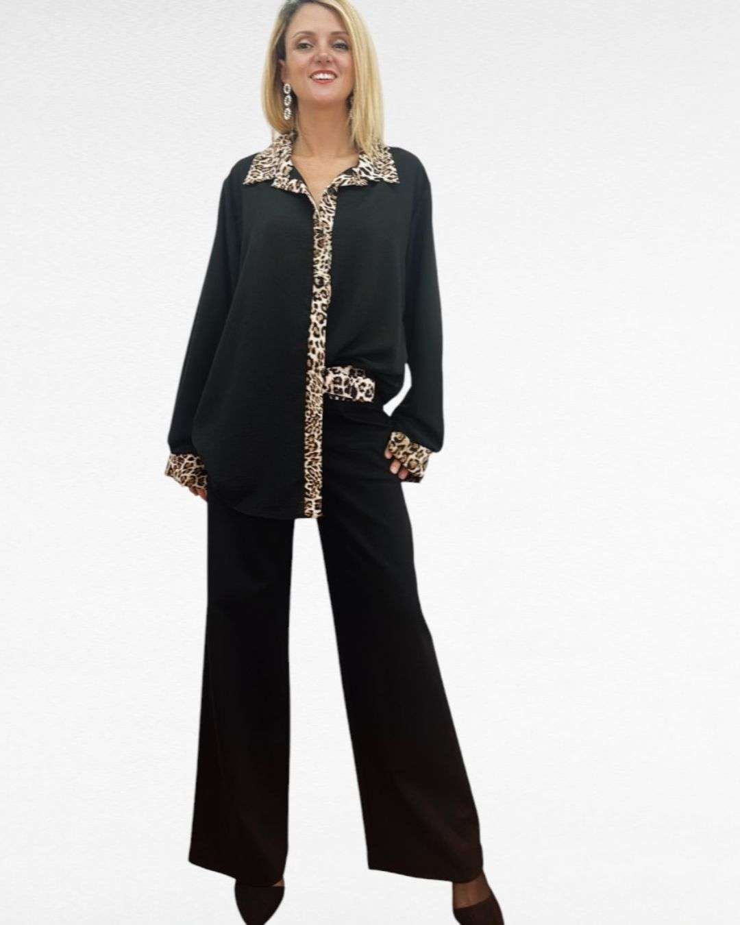 Ελαστικό Παντελόνι με Leopard Ζώνη - Μαύρο m l xl ελαστικό ύφασμα με leporard print ζωνάκι