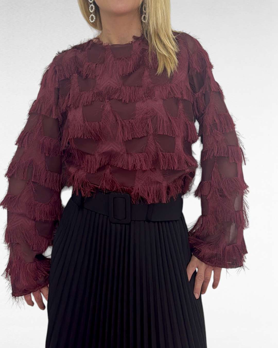 Γυναικεία Μπορντό Μπλούζα με Διαφάνεια, Κρόσσια και Δέσιμο στην Πλάτη