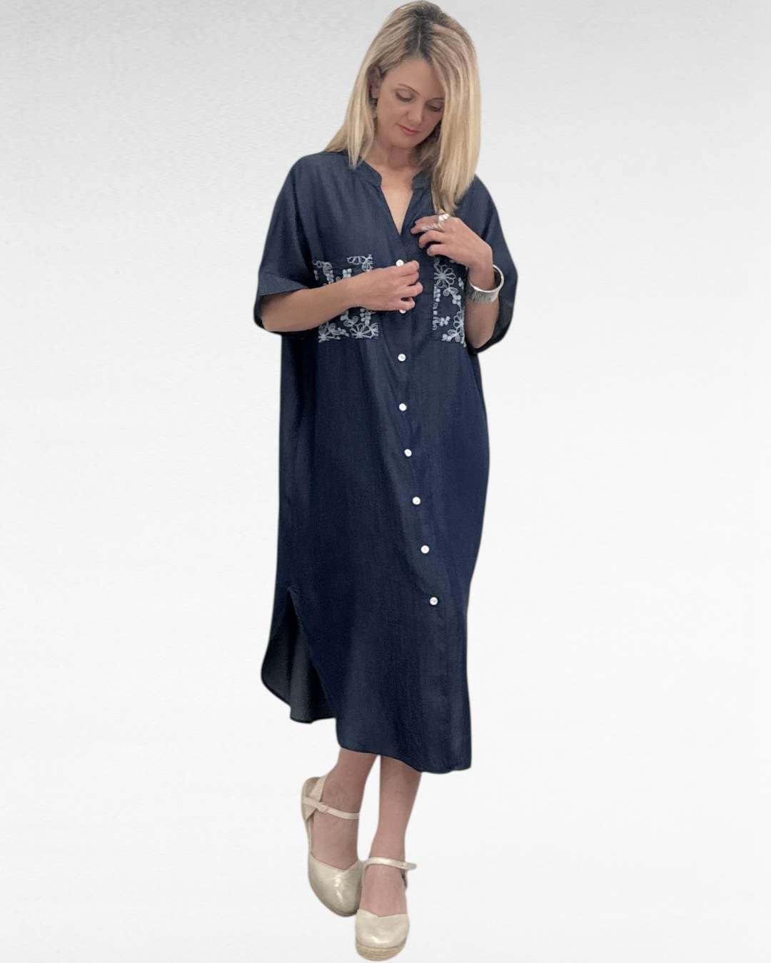 Τζιν Σεμιζιέ Φόρεμα με Μάο Γιακά Σκούρο Denim