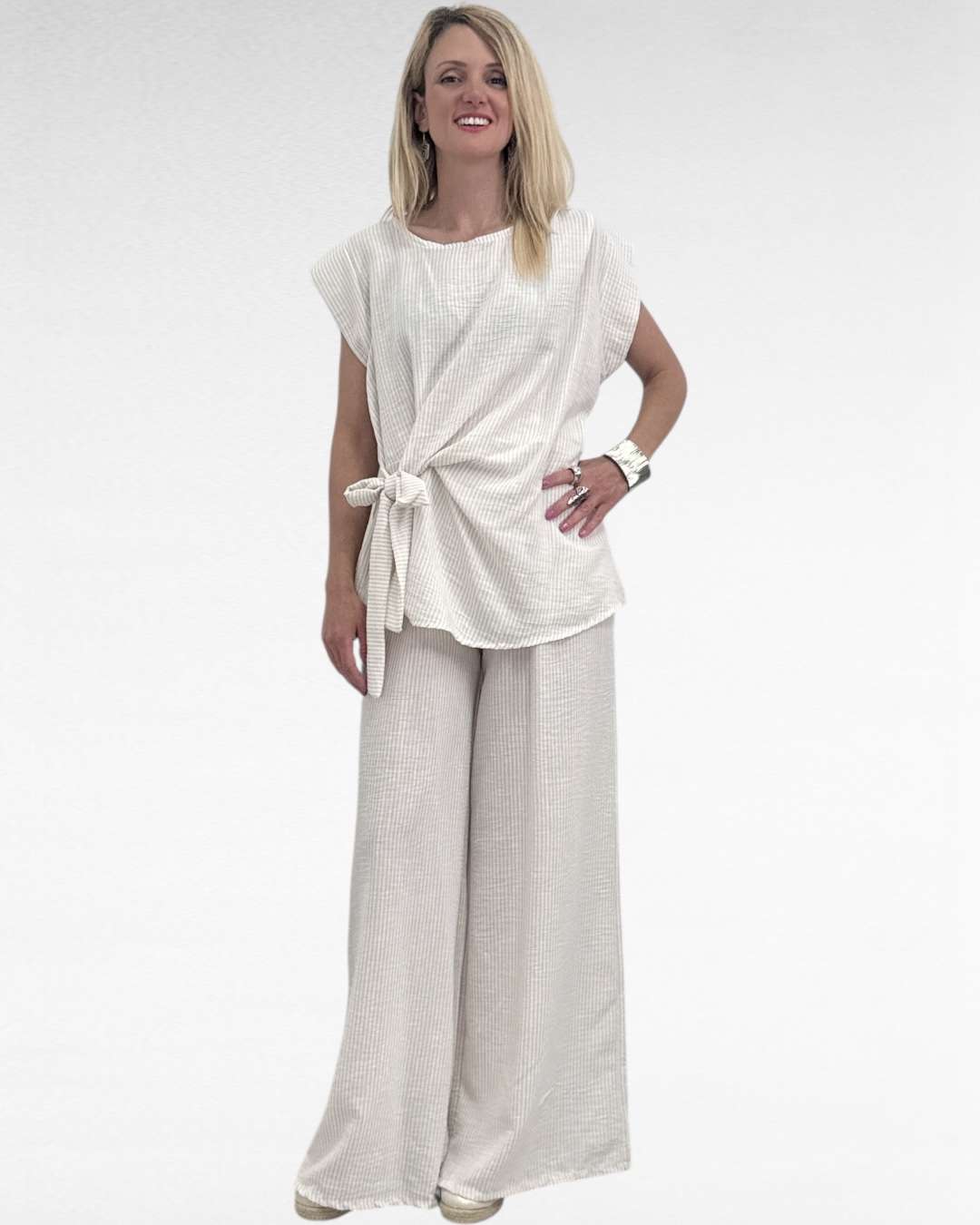 Oversize Λινό Set με Ψιλή Ρίγα Εκρού/Μπεζ