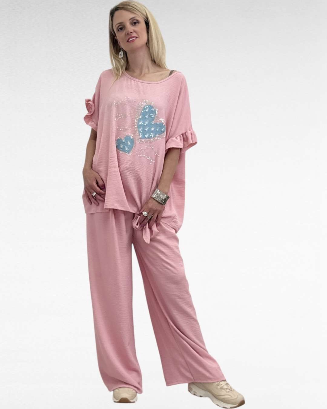 Oversize Set κέντημα και strass Ροζ