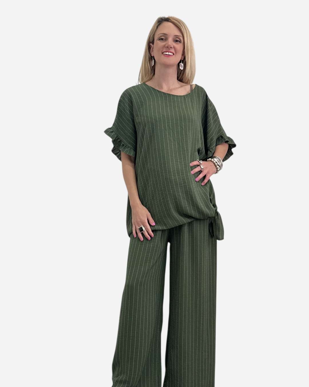 Oversize Boho Set με Ψιλή Ρίγα Χακί/Εκρού