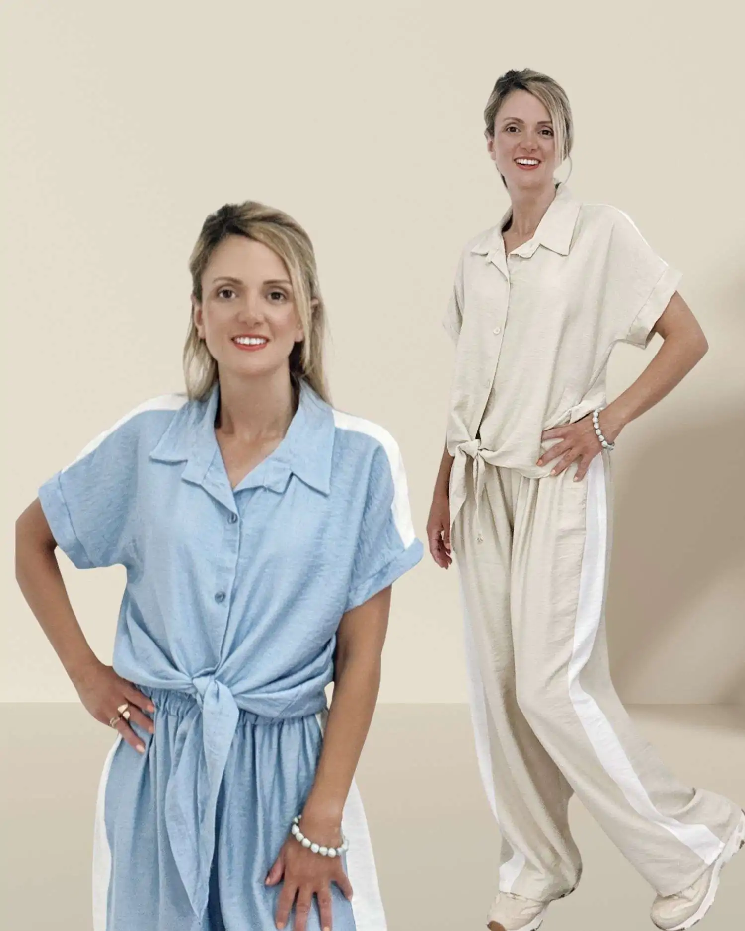 Statement σετ με διχρωμία και αέρινη γραμμή. Το πουκάμισο δένει εμπρός, η παντελόνα αγκαλιάζει τη μέση, και το αποτέλεσμα είναι απλά κομψό. Σε μπεζ και σιέλ χρώμα