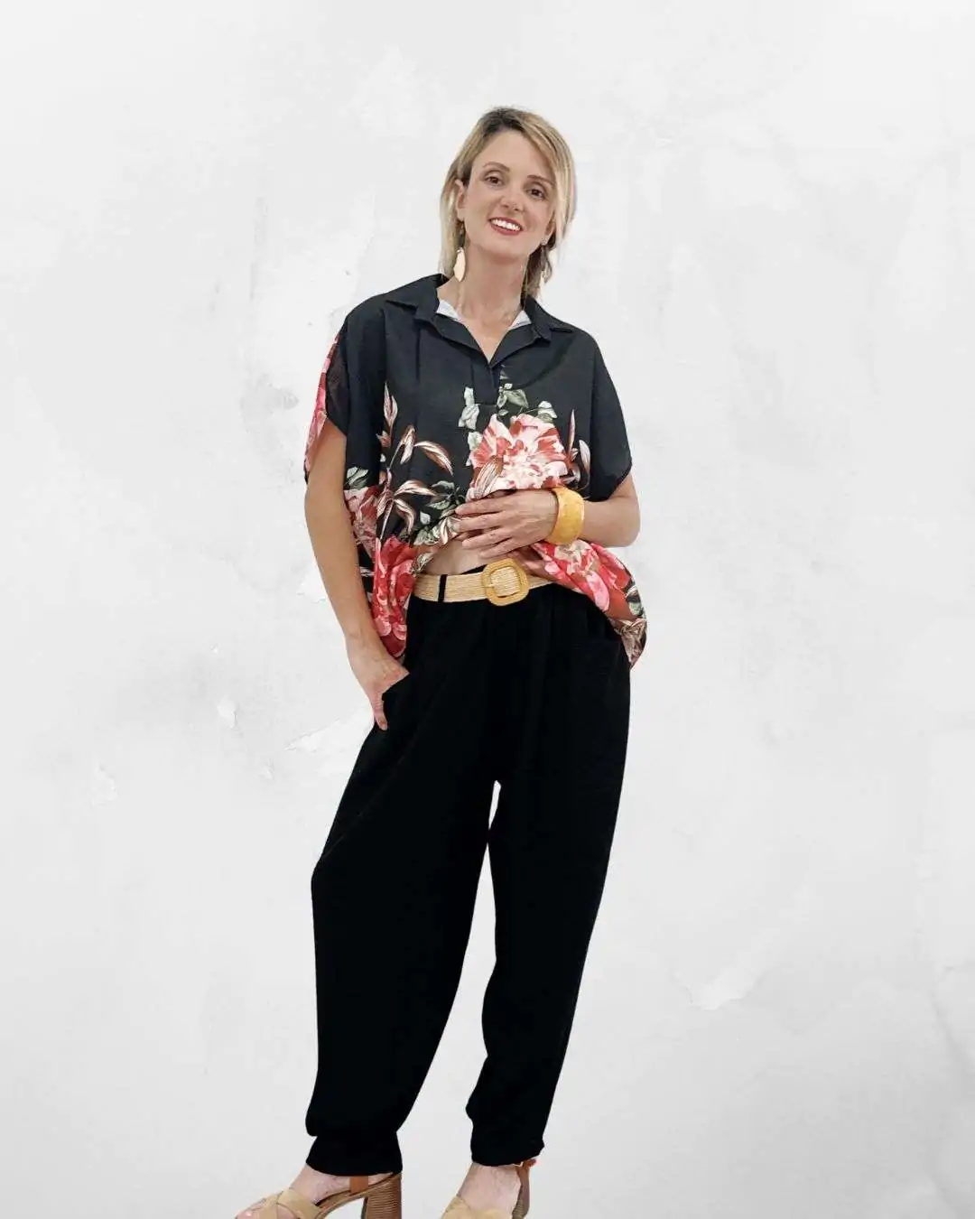 Σετ με Βισκόζ Παντελόνα & Flower Print Τοπ Μαύρο