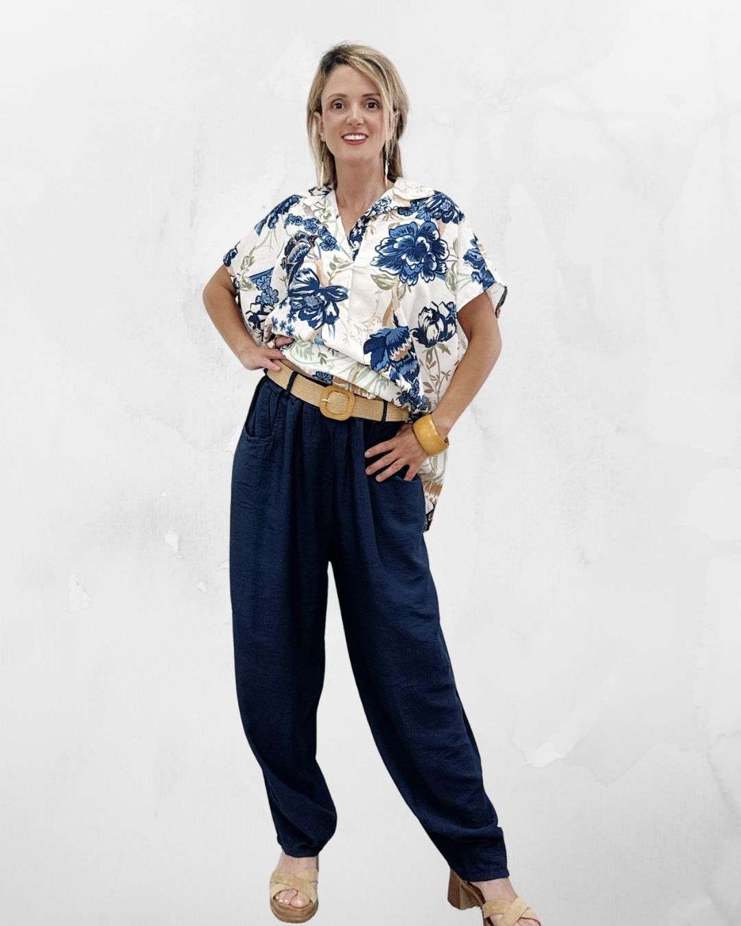 Σετ με Βισκόζ Παντελόνα & Flower Print Τοπ Μπλε