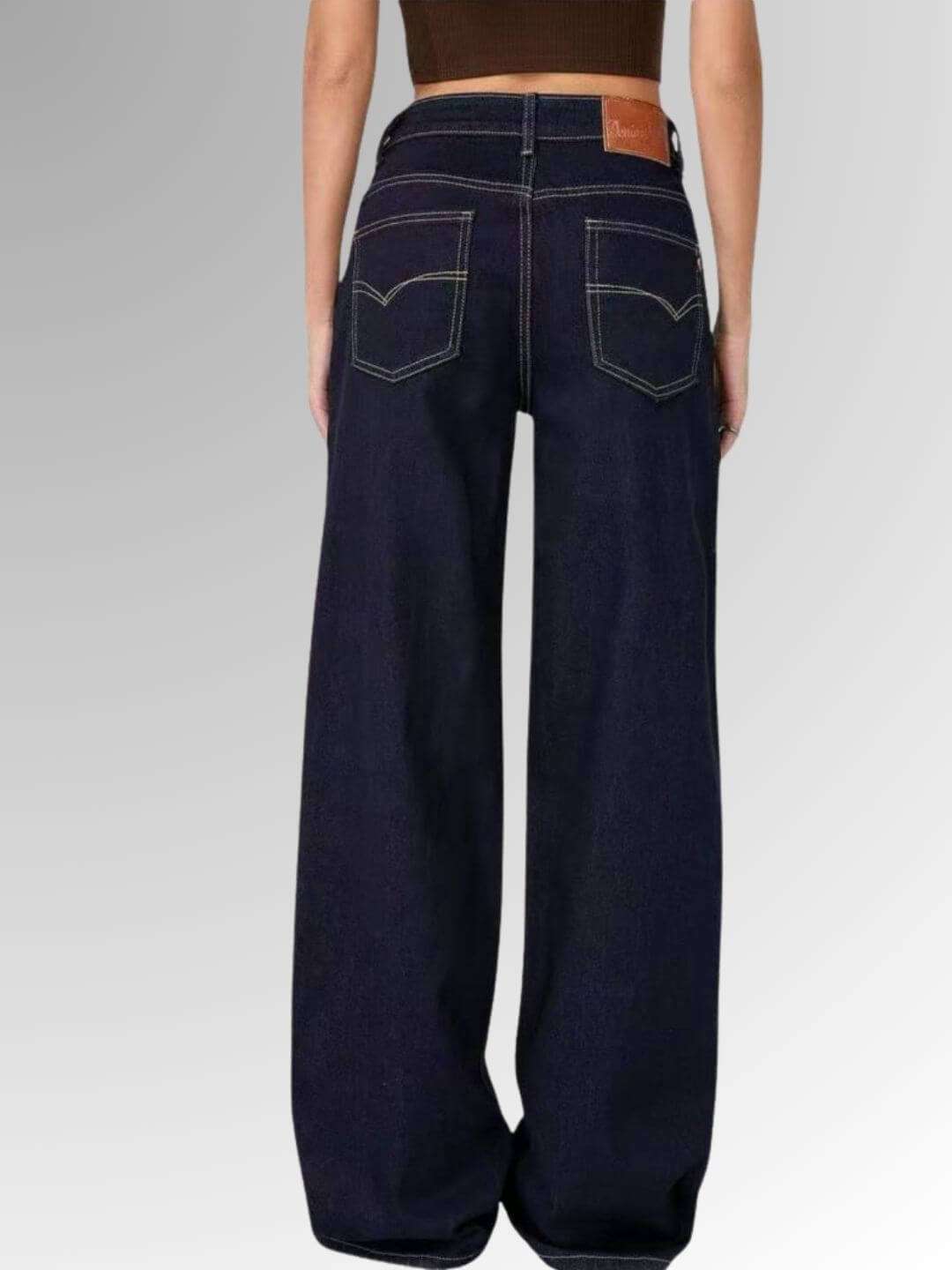 Wide Leg Τζιν Φαρδιά γραμμή Σκούρο Γυναικείο φαρδύ παντελόνι για μοντέρνο & άνετο look Χαλαρή γραμμή σε σκούρο jean χρώμα με εξώγαζα.