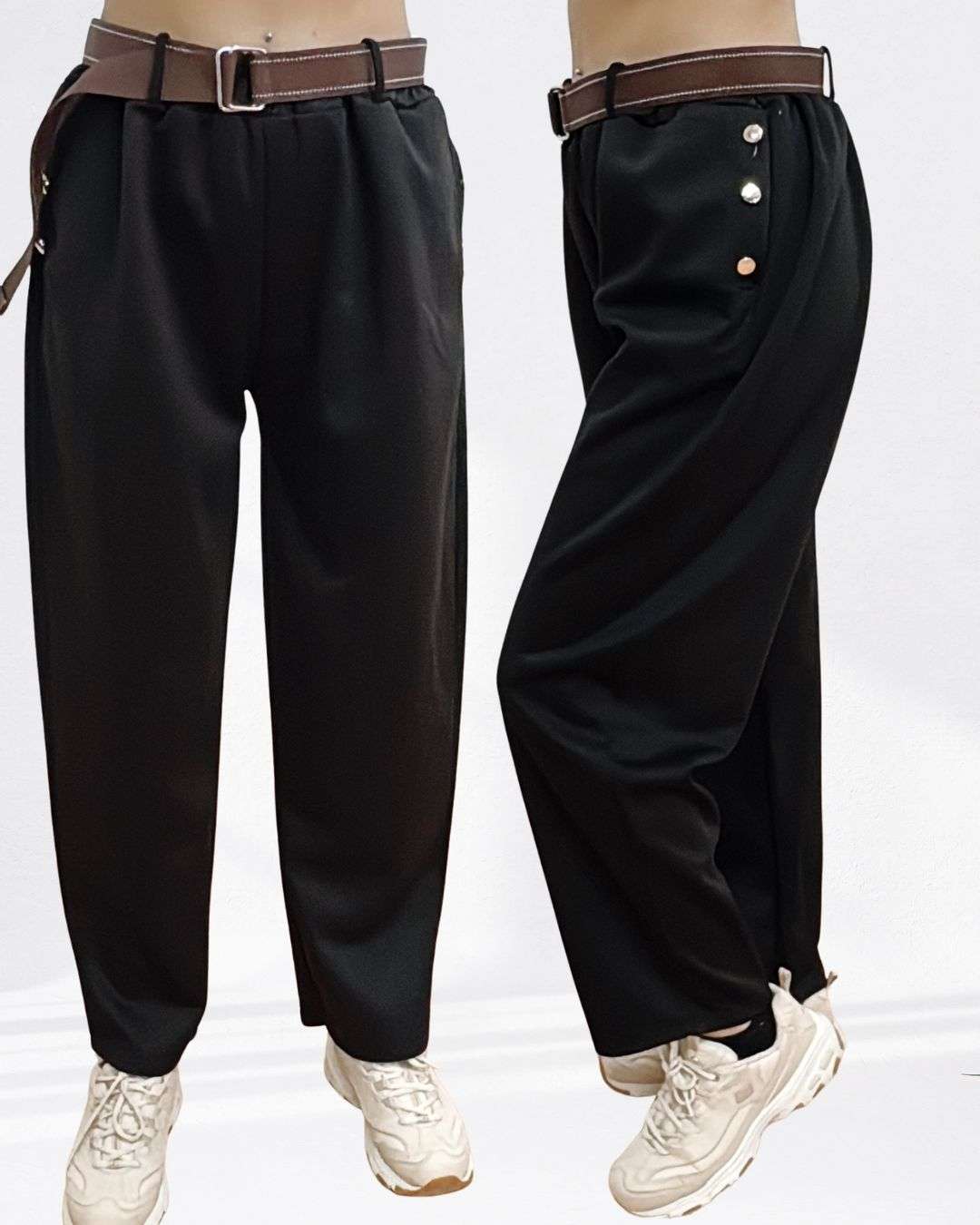 Ψηλόμεσο μαύρο Oversized Παντελόνι με λάστιχο στη μέση, ζωνάκι και τσέπες με χρυσά κουμπιά. Ελαστικό, απαλό “βουτυράτο” ύφασμα που αγκαλιάζει απαλά το σώμα