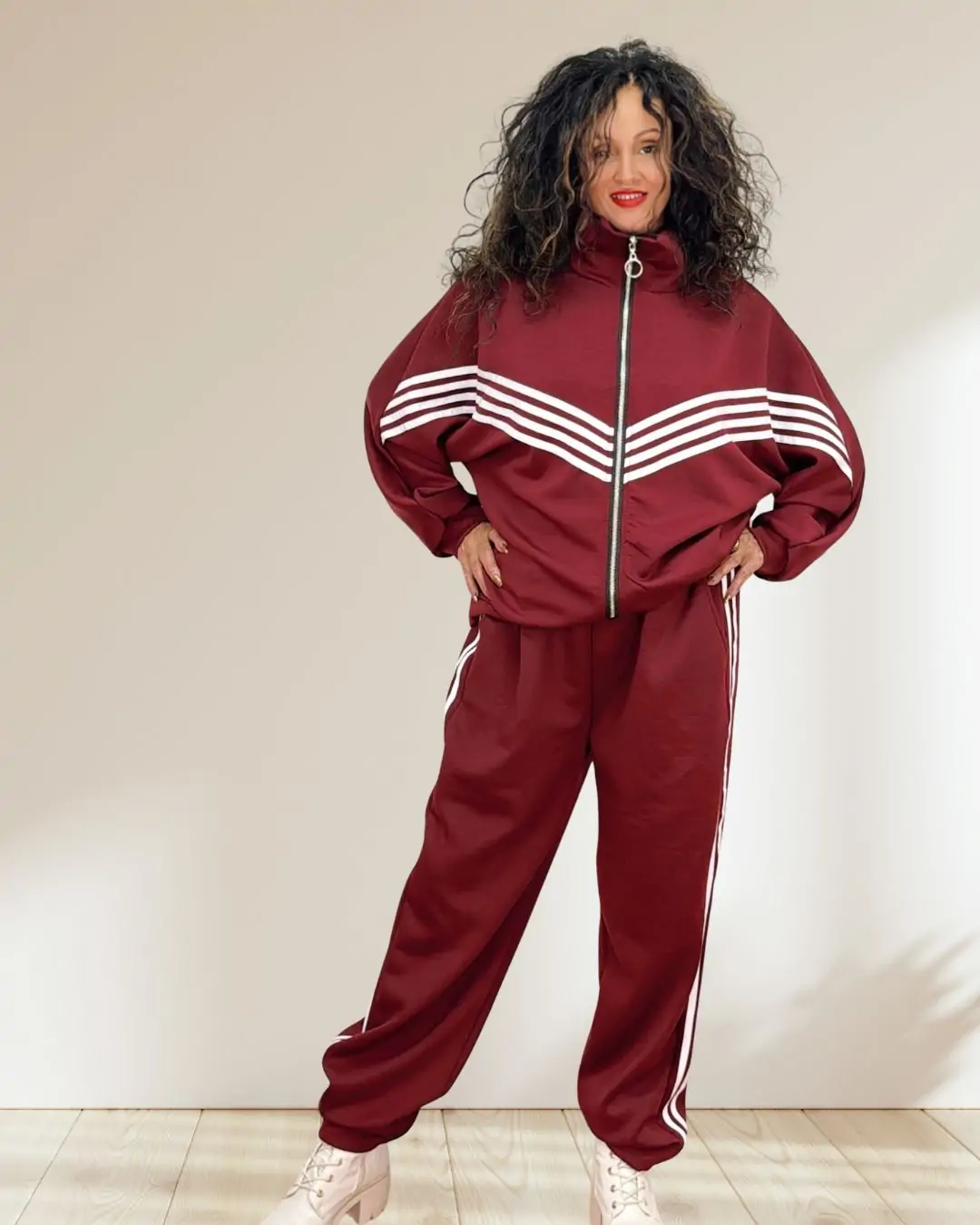 Σετ φόρμας oversized casual με σιρίτια σε μπορντό χρώμα
